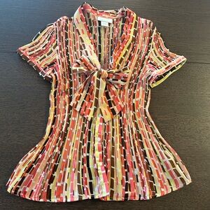 Worthington Short Sleeve, Button-Down Blouse Pleated Pussybow Tie Neck Size L